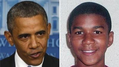 Composite image showing US President Barack Obama speaking at the White House on 19 July 2013, and undated family photo of Trayvon Martin