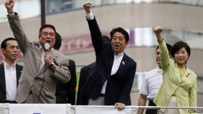 Japan's Prime Minister Shinzo Abe (C), who is also leader of the ruling Liberal Democratic Party (LDP), raises his fist with his party members at the start day of campaigning for the 21 July upper house election in Tokyo, 4 July 2013