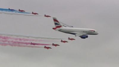 A380 with red arrows flypast at RAF Fairford, Sat 20 July 2013