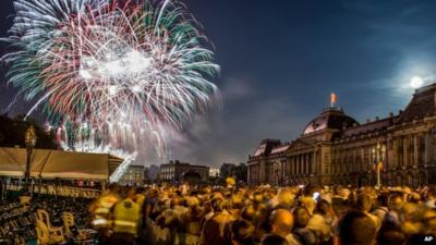 Fireworks illuminate the sky over the Royal Palace in Brussels