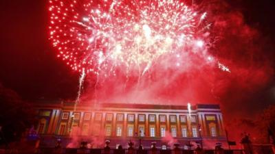 Fireworks illuminate the sky over the Royal Palace in Brussels