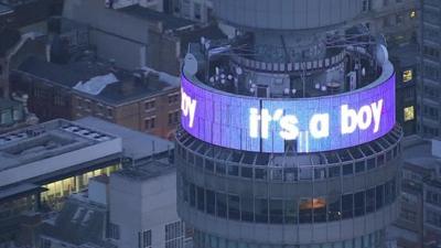 BT Tower with the words "it's a boy"