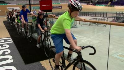 Children using new cycle track in Glasgow