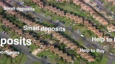 Aerial of houses with 'Small deposits' and 'Help to Buy' graphics