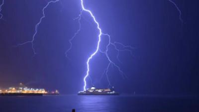 Lightning over sea