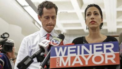 Huma Abedin, wife of Anthony Weiner, a leading candidate for New York City mayor, speaks during a press conference in New York City on 23 July 2013