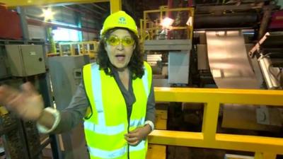 Sarah Dickins at Llanwern steelworks in Newport