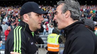 Mayo's James Horan with Donegal's Jim McGuinness after the All Ireland quarter-final in Croke Park