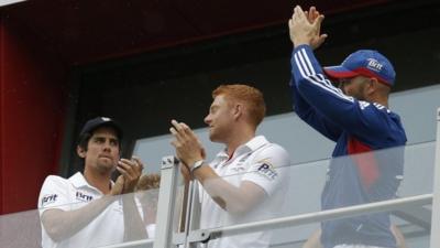 England's Alastair Cook, Jonny Bairstow and Matt Prior applaud the crowd