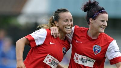 Natasha Harding of Bristol Academy celebrates with team-mate Jasmine Matthews