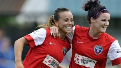 Natasha Harding of Bristol Academy celebrates with team-mate Jasmine Matthews