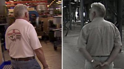 Factory owner pictured with staff in 2013, and in empty warehouse in 2009