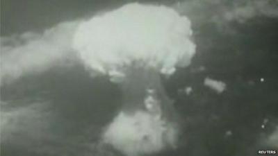 A big white mushroom cloud formed the moment the bomb dropped on Nagasaki