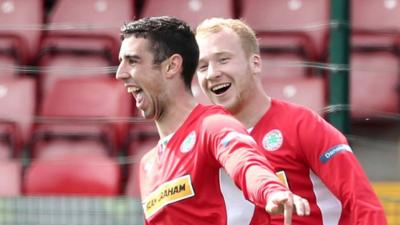 Joe Gormley and Liam Boyce celebrate scoring against Ards