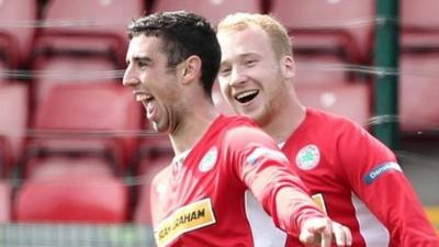 Joe Gormley and Liam Boyce celebrate scoring against Ards