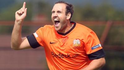 Glenavon's Guy Bates celebrates scoring against Ballymena