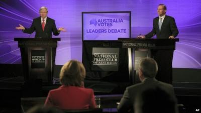 Australia's Prime Minister Kevin Rudd, left, and opposition leader Tony Abbott