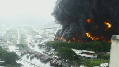 Smoke rising from one of Venezuela's biggest oil refineries