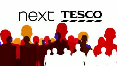 Graphic showing silhouettes of people and Next and Tesco logos