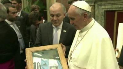 Pope Francis is gifted a personalised Argentina football shirt