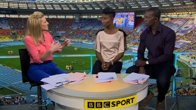 BBC Sport's Gabby Logan, Denise Lewis and Michael Johnson (L-R)