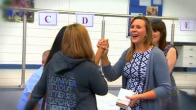 Students celebrating A-level success on Thursday