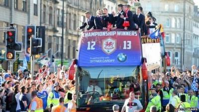 Cardiff City FC on the open-top bus parade through the centre of Cardiff