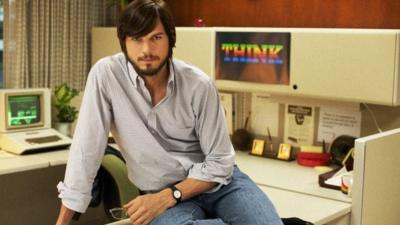 This undated publicity photo released by the Sundance Institute shows Ashton Kutcher as Steve Jobs in the Open Roads Films movie, "Jobs," directed by Joshua Michael Stern