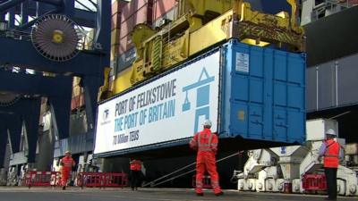 Shipping container being picked up at Felixstowe