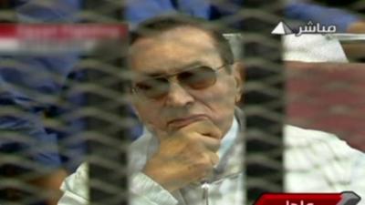 Hosni Mubarak in court, as shown on Egyptian television