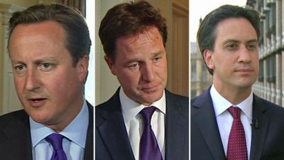 David Cameron, Nick Clegg and Ed Miliband