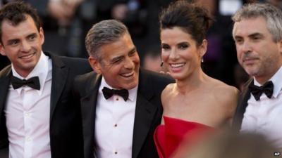 Jonas Cuaron, George Clooney, Sandra Bullock and Alfonso Cuaron