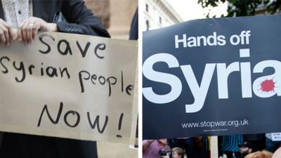 Two posters at Syria protests