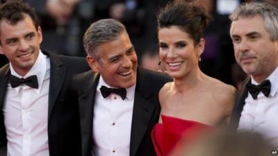 Jonas Cuaron, George Clooney, Sandra Bullock and Alfonso Cuaron