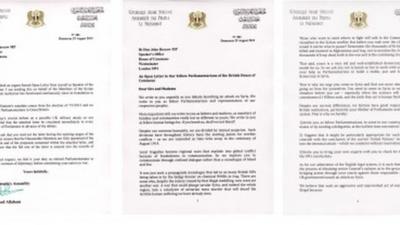 A covering letter and open letter dated 29/08/2013 from Jihad Allaham, Speaker of the Syrian Parliament, to John Bercow, Speaker of the British Parliament