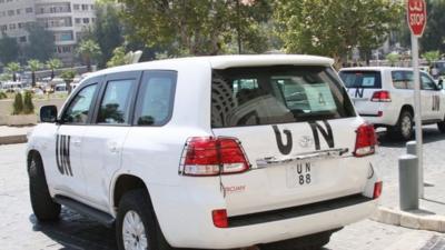 A vehicle marked UN used by United Nations inspectors