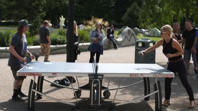 Helen Skelton plays James Wood at table tennis