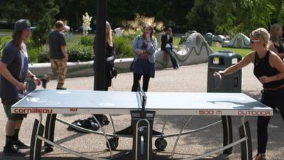 Helen Skelton plays James Wood at Table Tennis