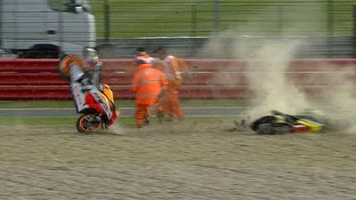 Marc Marquez's Repsol Honda narrowly avoids Silverstone marshals