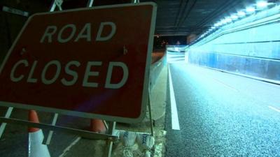 Road sign in the A38 tunnel