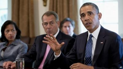 Barack Obama speaks to the media in the Cabinet Room of the White House in Washington