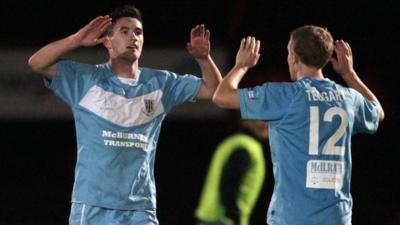 Ballymena goalscorers Michael McLellan and Alan Teggart celebrate victory over Portadown