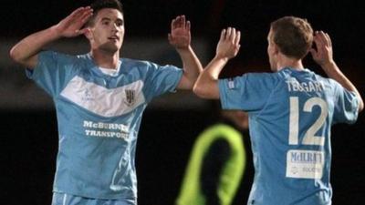 Ballymena goalscorers Michael McLellan and Alan Teggart celebrate victory over Portadown