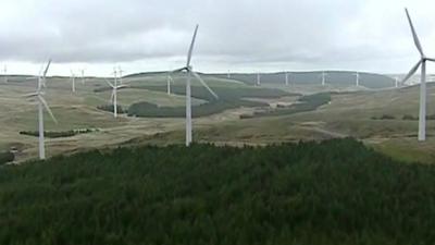 Wind turbines in a green field