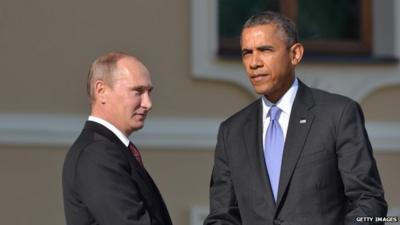 Russian President Vladimir Putin and US president Barack Obama shake hands