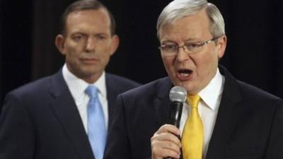 File photo: Kevin Rudd (right) and Tony Abbott at a People's Forum in Brisbane, 21 August 2013