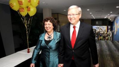 Kevin Rudd and his wife Therese Rein arrive at The Gabba, Brisbane, for Rudd to give a speech conceding election defeat