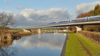 HS2 high speed train crossing the Birmingham and Fazeley viaduct