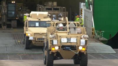 A fleet of 94 army vehicles returned to the UK from Afghanistan at Marchwood