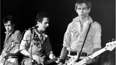 Mick Jones, Joe Strummer and Paul Simonon of punk rock band The Clash, circa 1980